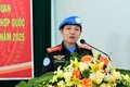 Đại úy Bùi Thị Đăng Hà phát biểu nhận nhiệm vụ. (Ảnh: Công an Hải Phòng)
