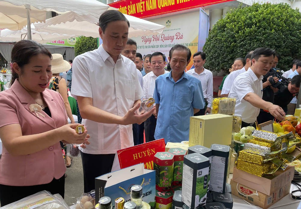 Các đại biểu tham quan gian hàng trưng bày các sản phẩm OCOP và nông sản tiêu biểu của các địa phương.
