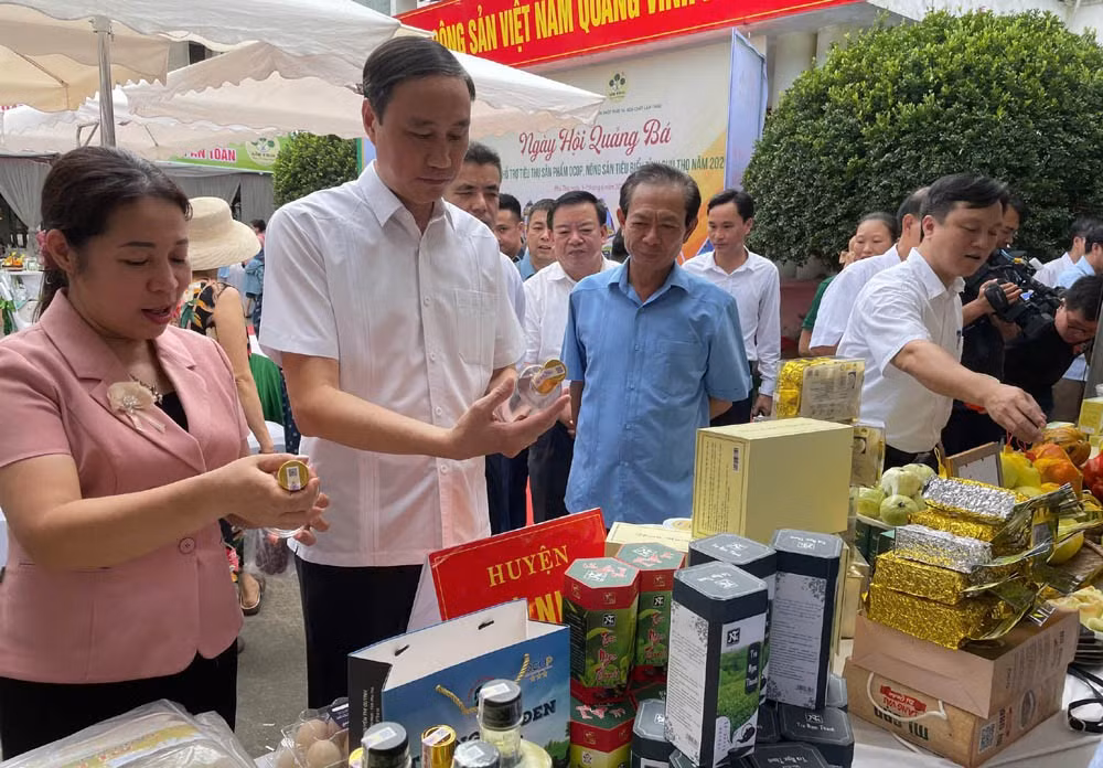 Các đại biểu tham quan gian hàng trưng bày các sản phẩm OCOP và nông sản tiêu biểu của các địa phương.