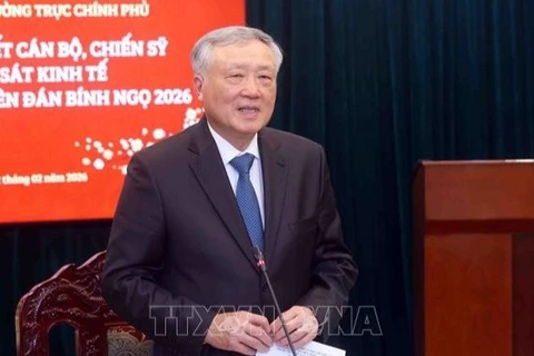 Phó Thủ tướng Thường trực Nguyễn Hòa Bình phát biểu chúc Tết cán bộ, chiến sĩ Cục Cảnh sát kinh tế, Bộ Công an nhân dịp Tết Nguyên đán Bính Ngọ 2026. (Ảnh: Phạm Kiên/TTXVN)