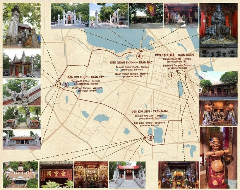 Bản đồ số hành trình tham quan Tứ trấn Thăng Long được thiết kế dễ hiểu và sinh động (Nguồn ipathanoi.vietnamica.online)