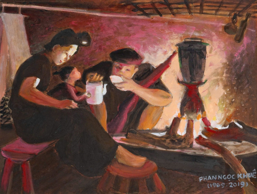 Một bức tranh sơn dầu của hoạ sĩ Phan Ngọc Khuê được giới thiệu trong triển lãm.