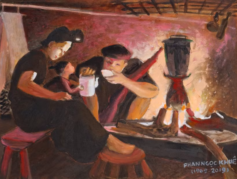Một bức tranh sơn dầu của hoạ sĩ Phan Ngọc Khuê được giới thiệu trong triển lãm.