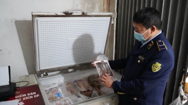 Một trong số những thực phẩm đông lạnh không rõ nguồn gốc bị tạm giữ. (Ảnh: NGỌC ÁNH)