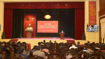 Quang cảnh Hội nghị quán triệt các nội dung quan trọng liên quan đến công tác tổng kết việc thực hiện Nghị quyết số 18-NQ/TW ngày 25/10/2017, tại Học viện Chính trị quốc gia Hồ Chí Minh.