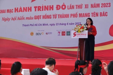 Bà Bùi Thị Hòa, Chủ tịch Trung ương Hội Chữ Thập đỏ Việt Nam, phát biểu tại lễ khai mạc.