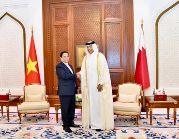 Thủ tướng Phạm Minh Chính bắt tay Chủ tịch Quốc hội Qatar Hassan bin Abdulla Al-Ghanim trong phòng hội kiến. (Ảnh: Thanh Giang)