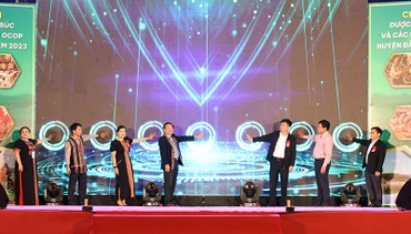Các đại biểu nhấn nút khai mạc Chợ phiên.