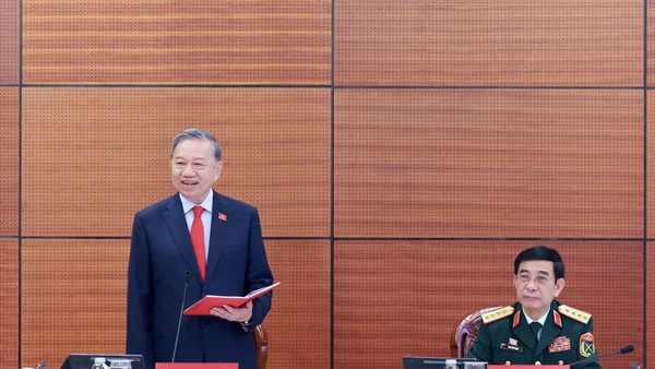 Tổng Bí thư Tô Lâm phát biểu thảo luận tại Đoàn. (Ảnh: TTXVN)