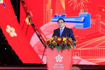 Thủ tướng Chính phủ Phạm Minh Chính phát biểu ý kiến tại Lễ khai mạc Hội chợ Mùa Xuân năm 2026. (Ảnh: TRẦN HẢI)