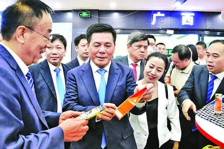 Bộ trưởng Nguyễn Hồng Diên giới thiệu sản phẩm của Việt Nam với đối tác Trung Quốc trong khuôn khổ Lễ hội trái cây Việt Nam lần thứ nhất tại Bắc Kinh, Trung Quốc.