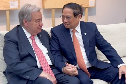 Thủ tướng Chính phủ Phạm Minh Chính gặp Tổng Thư ký Liên hợp quốc Antonio Guterres. (Ảnh: VGP/Nhật Bắc)