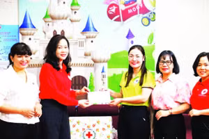 Lãnh đạo Hội Chữ thập đỏ và đại diện Sở Y tế tỉnh Lạng Sơn thăm, tặng quà Trung tâm hỗ trợ phát triển giáo dục hòa nhập Ánh Sao (Ảnh LƯƠNG THẢO)