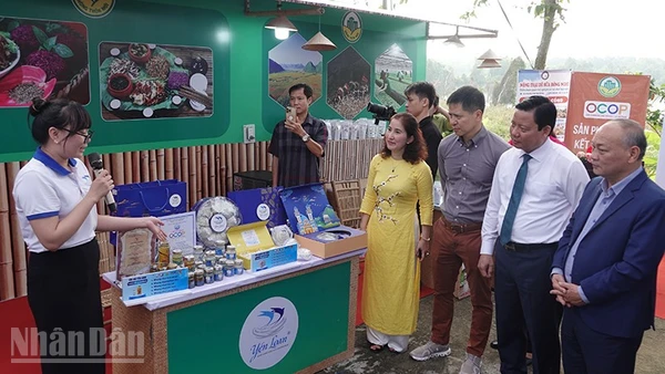Các đại biểu tham quan các sản phẩm OCOP tại diễn đàn. (Ảnh: LINH BẢO)