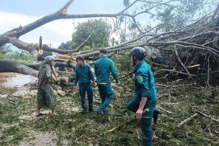 Lực lượng dân quân xã Tân Hưng, tỉnh Đồng Nai khắc phục hậu quả thiên tai.