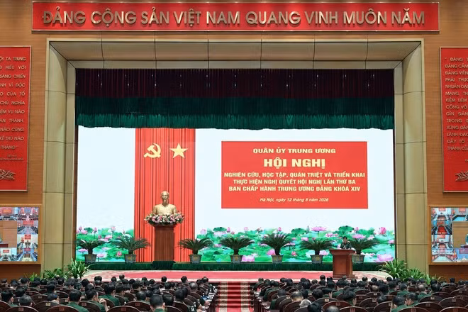 Quang cảnh hội nghị tại điểm cầu Bộ Quốc phòng. (Ảnh: Bộ Quốc phòng)