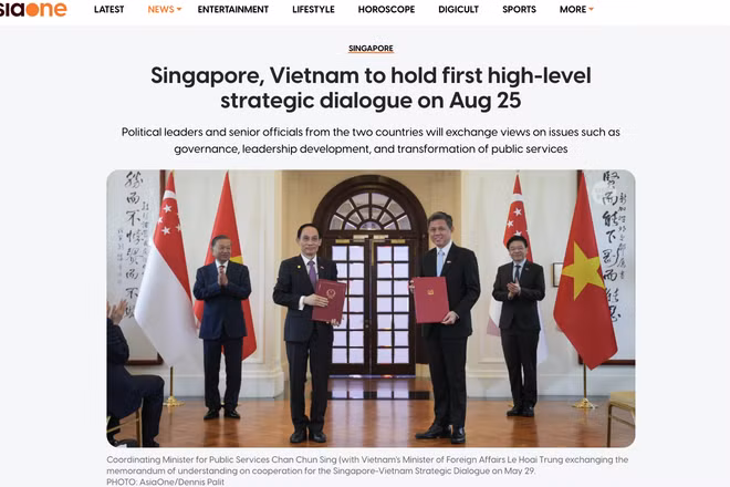 Trang AsiaOne đưa tin về chuyến thăm Singapore của Ủy viên Bộ Chính trị, Thường trực Ban Bí thư Trần Cẩm Tú. (Ảnh chụp màn hình)