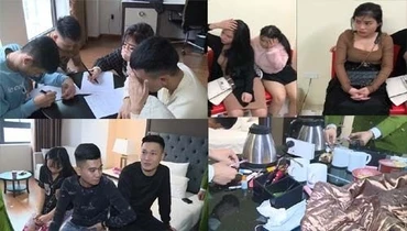 Các đối tượng bị bắt giữ cùng ma túy, dụng cụ sử dụng ma túy.