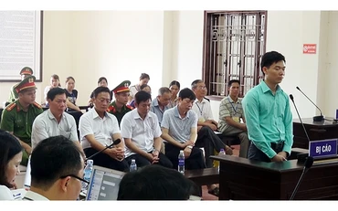 Bị cáo Hoàng Công Lương (áo xanh) và các bị cáo tại phiên tòa.