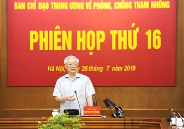 Tổng Bí thư, Chủ tịch nước Nguyễn Phú Trọng, Trưởng Ban Chỉ đạo T.Ư về phòng, chống tham nhũng phát biểu ý kiến chỉ đạo phiên họp.