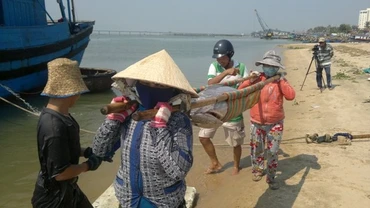 Ngư dân phường 6, thành phố Tuy Hòa, tỉnh Phú Yên vận chuyển cá ngừ đại dương lên bờ.