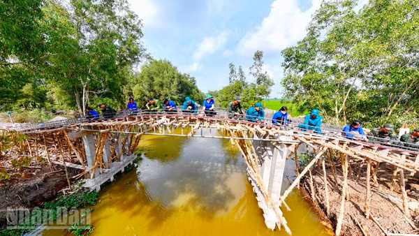 Cán bộ, chiến sĩ lực lượng vũ trang xã Hòn Đất hỗ trợ người dân xây dựng cầu dịp Tết quân-dân mừng Chôl Chnăm Thmây năm 2026.