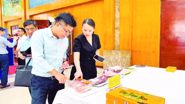 Quét mã QR tra cứu thông tin sản phẩm tại Lễ công bố Hệ thống truy xuất nguồn gốc nông sản. (Ảnh: MINH ANH)