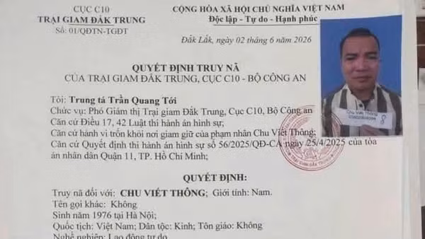 Quyết định truy nã đối với phạm nhân Chu Viết Thông.