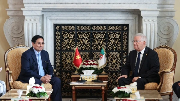 Thủ tướng Chính phủ Phạm Minh Chính hội kiến Chủ tịch Hội đồng Dân tộc (Thượng viện) Algeria Azzouz Nasri. (Ảnh: VGP/Nhật Bắc)