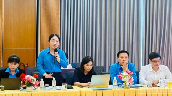 Đồng chí Nguyễn Kim Loan, Phó Chủ tịch Liên đoàn lao động Thành phố Hồ Chí Minh đóng góp ý kiến tại hội nghị.