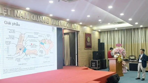 Các diễn giả trình bày tham luận lĩnh vực phẫu thuật cấp cứu thần kinh tại hội thảo.