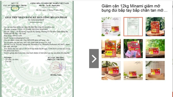 Cục An toàn thực phẩm chưa cấp Giấy tiếp nhận đăng ký bản công bố cho sản phẩm Giảm cân 12kg MINAMI giảm mỡ bụng