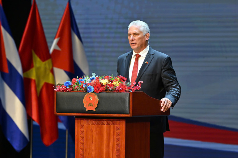 Bí thư Thứ nhất Trung ương Đảng Cộng sản Cuba, Chủ tịch nước Cuba Miguel Diaz Canel Bermudez phát biểu (ảnh Thủy Nguyên) z6966554758997-7299b4028a35901dbaf2c4155328d73e.jpg