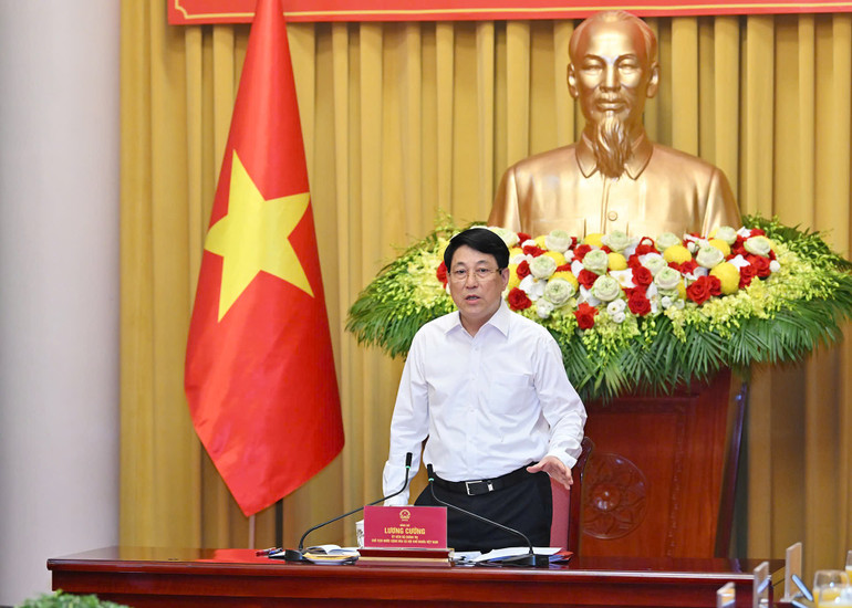 Chủ tịch nước Lương Cường phát biểu chỉ đạo tại buổi làm việc. z6674482943337-60f1fe00ed9b6d1d9e9980ac37772381.jpg