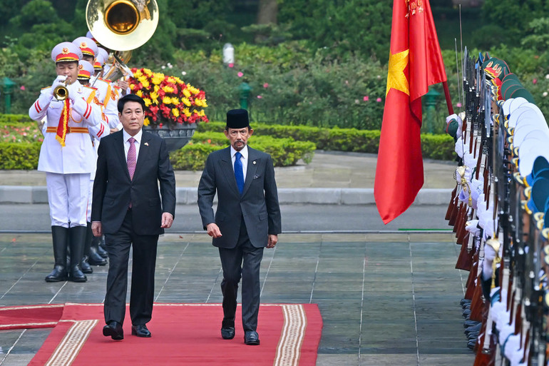 Președintele Luong Cuong și regele Bruneiului trec în revistă Garda de Onoare a Armatei Populare din Vietnam. (Foto: Thuy Nguyen) z7280071201712-5accdce2175f7db1ba2f758687f0342c.jpg