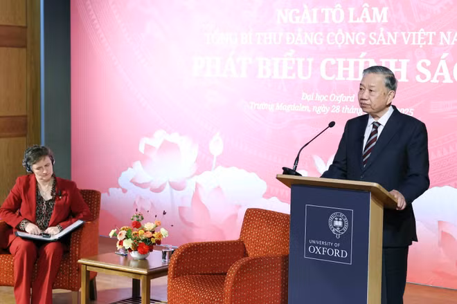 Tổng Bí thư Tô Lâm phát biểu tại Đại học Oxford. (Ảnh: Thống Nhất/TTXVN)