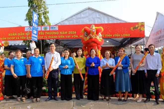 Đại biểu thực hiện nghi thức khai mạc hoạt động trưng bày, bán sản phẩm OCOP.