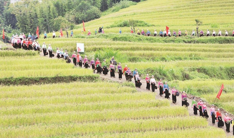 Các nghệ nhân trình diễn chiêng Mường tại Lễ hội ruộng bậc thang Miền Đồi năm 2025.