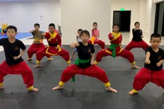 Một buổi học võ của các em nhỏ tại phòng sinh hoạt cộng đồng của phường Đại Mỗ, quận Nam Từ Liêm, Hà Nội. 