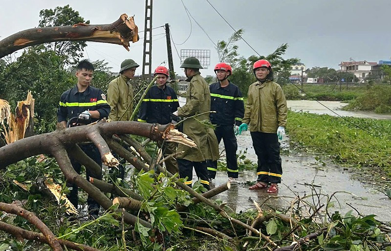 Công an Thanh Hóa cắt, dọn cây xanh bị đổ.