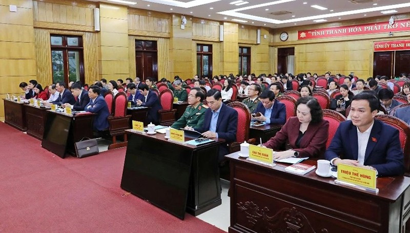 Các đại biểu tham dự hội nghị tại điểm cầu Tỉnh ủy Thanh Hóa.