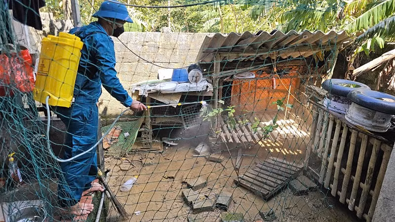 Dân quân ở tỉnh Thanh Hóa phun tiêu độc, khử trùng chuồng trại chăn nuôi cho hộ dân.