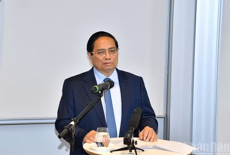 Thủ tướng Phạm Minh Chính phát biểu chính sách tại Đại học Kinh tế Stockholm. (Ảnh: THANH GIANG)