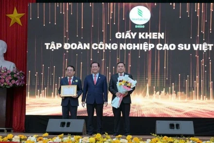Lãnh đạo Tổng Công ty Cao-su Đồng Nai nhận giấy khen của Tập đoàn Công nghiệp Cao-su Việt Nam.