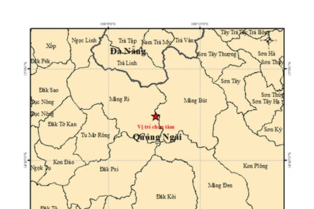 Bản đồ tâm chấn động đất M=4,9 tại xã Măng Ri, tỉnh Quảng Ngãi. (Nguồn: Trung tâm Báo tin động đất và Cảnh báo sóng thần, Viện Các khoa học trái đất)
