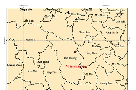 Bản đồ tâm chấn động đất tại xã Cao Dương, tỉnh Phú Thọ. (Nguồn: Trung tâm Báo tin động đất và Cảnh báo sóng thần, Viện Các khoa học trái đất)