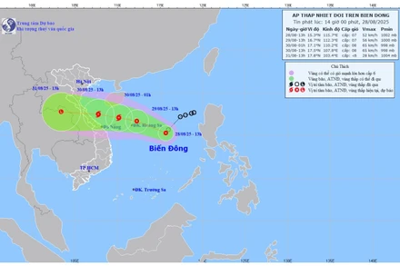 Bản đồ dự báo quỹ đạo và cường độ áp thấp nhiệt đới lúc 14 giờ chiều 28/8/2025. (Ảnh: Trung tâm Dự báo khí tượng thủy văn quốc gia)