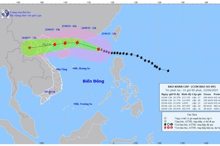 Bản đồ dự báo quỹ đạo và cường độ bão số 9 phát lúc 14 giờ chiều 23/9/2025. (Ảnh: Trung tâm Dự báo khí tượng thủy văn quốc gia)
