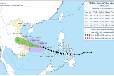 (Ảnh: Bản đồ dự báo quỹ đạo và cường độ bão số 13 (Kalmaegi) phát lúc 5 giờ sáng 6/11/2025. (Nguồn: Trung tâm Dự báo khí tượng thủy văn quốc gia) 