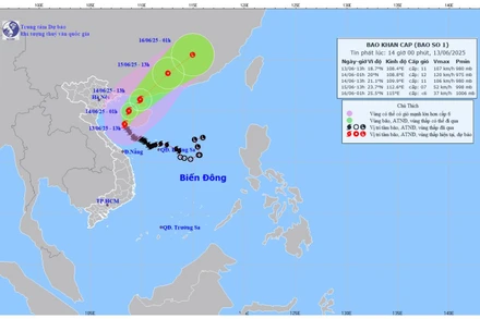 Bản đồ dự báo quỹ đạo và cường độ Bão số 1 lúc 14 giờ ngày 13/6. (Ảnh: Trung tâm Dự báo khí tượng thủy văn quốc gia)
